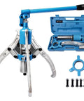 Shop Grade Hydraulic Wheel Puller And Bearing Hub Separator With 360 Rotating Pump Badass Alloy Steel Claw Jaws For Tough As Nails Rusty Gears Flanges And Bearings 20 Ton Capacity with included tools in blue case.