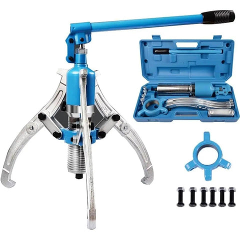 Shop Grade Hydraulic Wheel Puller And Bearing Hub Separator With 360 Rotating Pump Badass Alloy Steel Claw Jaws For Tough As Nails Rusty Gears Flanges And Bearings 20 Ton Capacity with included tools in blue case.