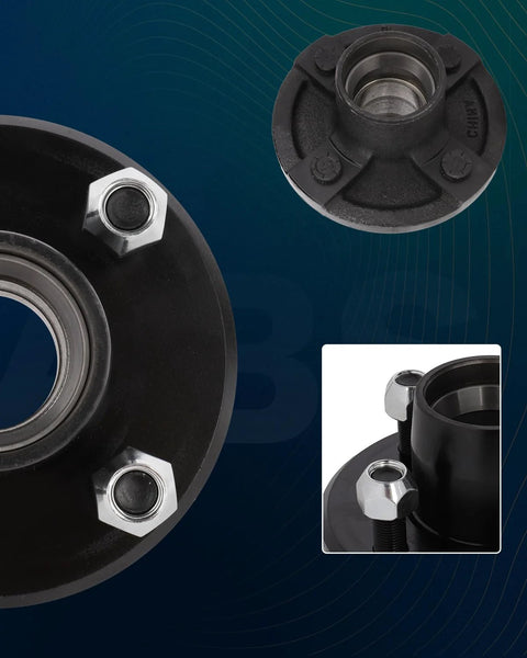 Front view of SCITOO trailer hub kit with black idler hub, 4-lug, two bearings included