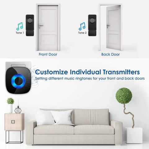 Long Range Wireless Doorbell Kit For Home 1300 Feet Waterproof Door Chime showing two tones for front and back door setup