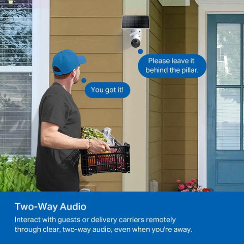 Person delivering package while communicating through Solar Powered Outdoor Security Cam 1080p Wireless Battery Powered With Solar Panel