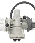 Efficient Laundry Drain Pump Assembly For Easy Water Removal, Quiet Operation, Low Energy Use, Replacement Part, Durable Design, Simple Install, Keeps Your Washer Running Smoothly And Hassle Free Maintenance. Grey plastic washing machine drain pump assembly with hose
