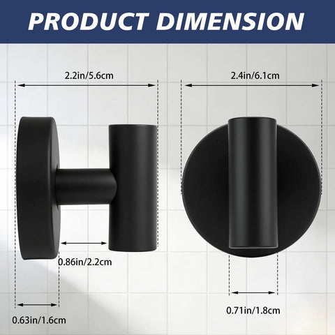 No Sweat Heavy Duty Suction Cup Shower Hooks In Matte Black For Easy Bathroom Setup With Solid Grip Twist Lock Design and Quick Relocation That Won Scar Your Walls Or Leave Sticky Mess Behind, dimensions displayed.
