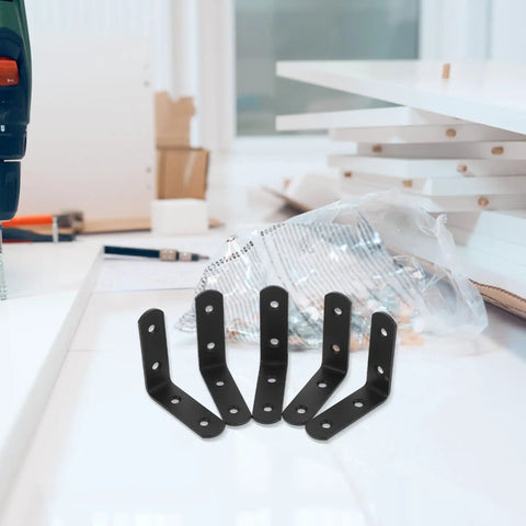 Heavy Duty Black Stainless Steel L Shaped Right Angle Brackets For Shelves Cabinets And Furniture Support on white table