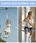 Children playing on Three In One Kids Swing Set With Disc Seat Climbing Rope Pull Up Bar And Balance Board For Outdoor Treehouse And Backyard Play Easy Setup Durable Child Safe Playground Accessory