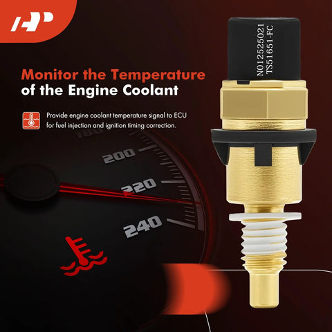A-Premium engine coolant temperature sensor with brass body and black connector, close-up view.