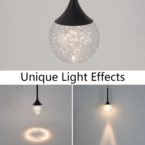 Lit Cylinder Bubble Crystal Pendant Lights LED Hanging Ceiling Fixtures with unique light effects against a plain background
