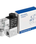 Electrical Pneumatic Solenoid Valve 2V025-08, 110VAC, PT1/4 Port, boxed with technical specifications visible