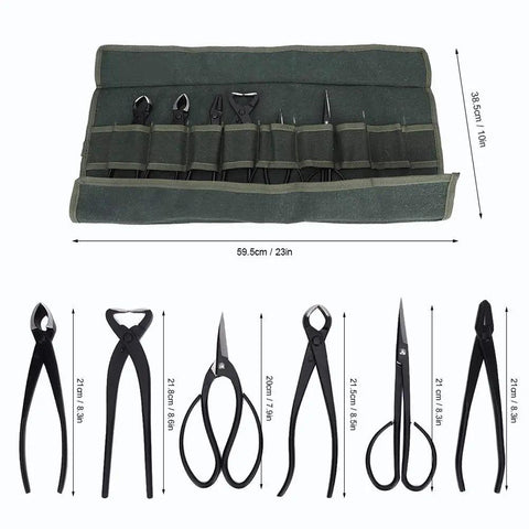 Beast Mode Bonsai Pruning Tool Kit 7 Piece Set With Carry Bag Stainless Steel Tools For Easy Trim And Precise Styling Bud Scissors Pliers Root Pruning Wire Tools And Shears, 59.5cm bag