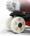 Close-up of linked dual wheels on Heavy Duty 4,400 Lb Hydraulic Pallet Jack With Linked Dual Wheels For Smooth Warehouse Forklift Operations Shop Floor Material Handling Truck.