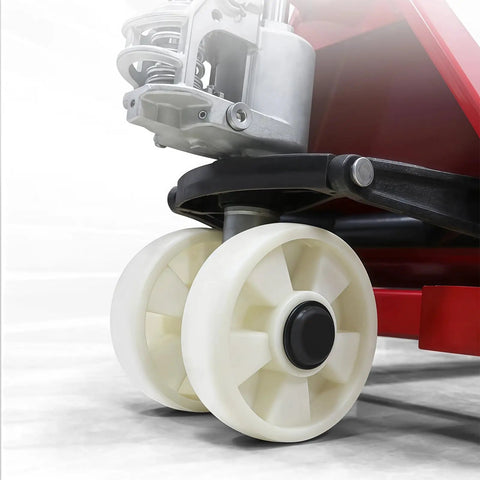 Close-up of linked dual wheels on Heavy Duty 4,400 Lb Hydraulic Pallet Jack With Linked Dual Wheels For Smooth Warehouse Forklift Operations Shop Floor Material Handling Truck.