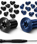 Close-up of Replacement Wallet Screw Kit With Screwdriver 14 Black And 14 Blue Stainless Steel Screws Durable Easy Install Upgrade Kit For Your Slim Wallet Not Included, showing black and blue screws and screwdriver.