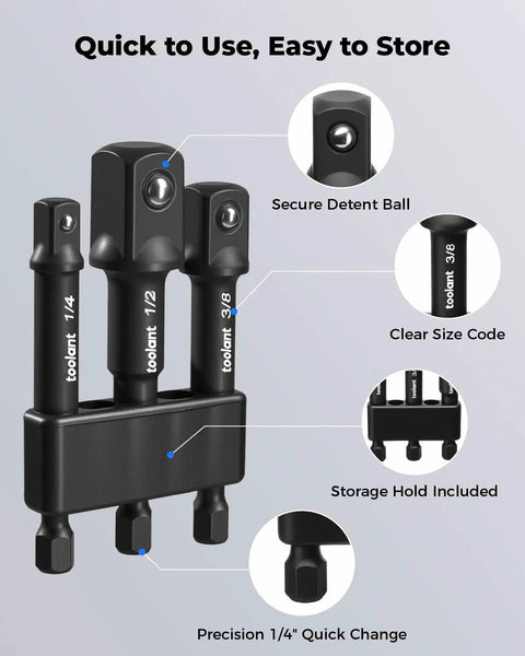 Impact Socket Adapter Set Three Piece For One Quarter, Three Eighths, And One Half Inch Drives Hex Shank Drill Bit Adapters With Holder