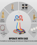 VEVOR 3-way AC manifold gauge set, front view with blue and red gauges and color hoses, adapters, can tap