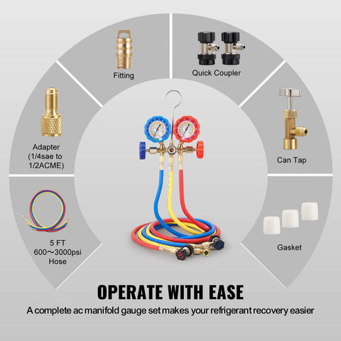 VEVOR 3-way AC manifold gauge set, front view with blue and red gauges and color hoses, adapters, can tap