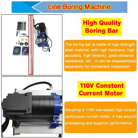 Front view of JARYANNIX portable line boring machine with 110V motor and accessory kit, 35–80 mm hole diameter.