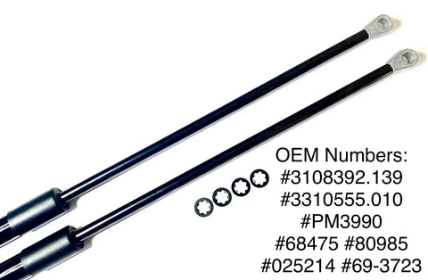 Two Pack 28 Inch RV Awning Gas Struts Replacement Lift Springs 150Lb with 8 Star Washers and OEM numbers displayed