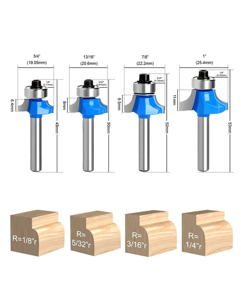 Close-up of 7 Piece Roundover Router Bit Set With One Quarter Inch Carbide Bits And One Half Inch Shank Adapters for wood edges