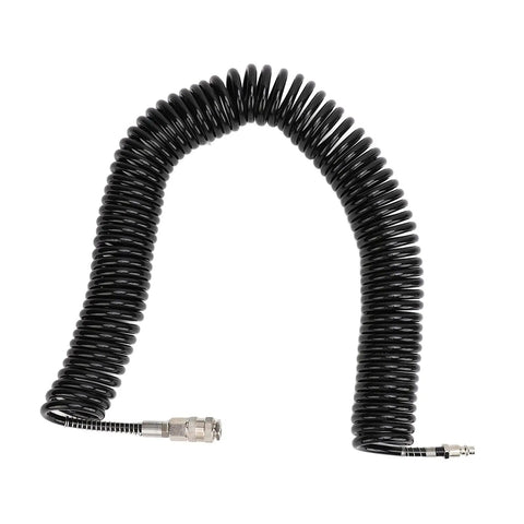Top Shelf Heavy Duty Retractable Air Hose Compressor Hookup With Kink Free Bend Limiter And Easy Self Rewind Reel, coiled black rubber hose.