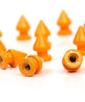 Close-up of 12mm Metal Tree Spike Studs Set Of 100 With Screws And Screw Back Fasteners in orange zinc alloy for leather crafting.