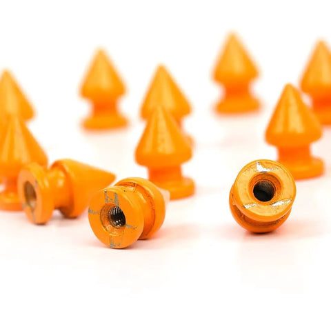 Close-up of 12mm Metal Tree Spike Studs Set Of 100 With Screws And Screw Back Fasteners in orange zinc alloy for leather crafting.