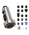 NSF ANSI CAN 61 CUPC Certified Pull Down Kitchen Faucet Head Replacement with 3 function sprayer and 15 adapters in brushed nickel