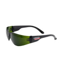 Top Shelf Lightweight Safety Glasses Featuring Ir Shade Five Lens For Cutting Or Brazing Tools Ultra Durable Construction Dang Comfortable Fit Zero Slippage Guarantee Hella Clear Vision Slick Black Frame in a side view.