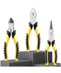 Set of three yellow and black multifunction pliers with diagonal cutting, needle-nose, and wire cutters