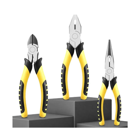 Set of three yellow and black multifunction pliers with diagonal cutting, needle-nose, and wire cutters