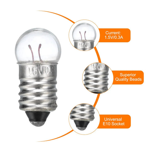Hella Bright E10 Mini Light Bulbs With Warm Yellow Vibe 10 Pack 1.5V Miniature Screw Bulbs showing a close-up view of a bulb with E10 socket.