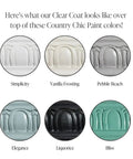 Eco Friendly Clear Satin Top Coat For Chalk Style Wood Furniture shown over six Country Chic Paint colors.