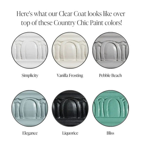 Eco Friendly Clear Satin Top Coat For Chalk Style Wood Furniture shown over six Country Chic Paint colors.