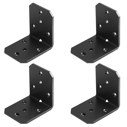 4 Pack Heavy Duty Steel L Brackets Corner Angle Braces For Deck Framing And Pergola Projects Tough As Nails Six Gauge Thickened Construction Hardware With Powder Coated Finish, showing four black steel brackets.