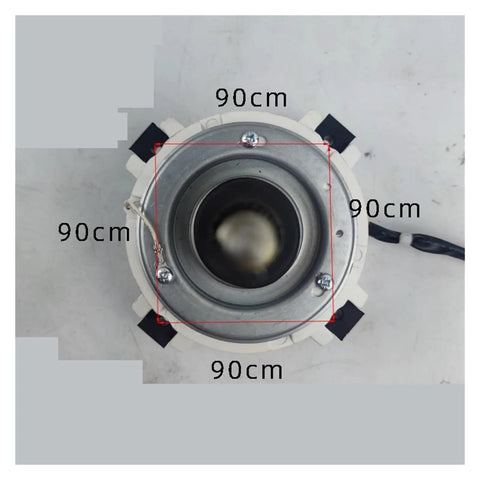 Top view of Brushless DC Motor for Air Conditioners, Super Quiet Operation and Energy Saving Design, 90cm dimensions marked.