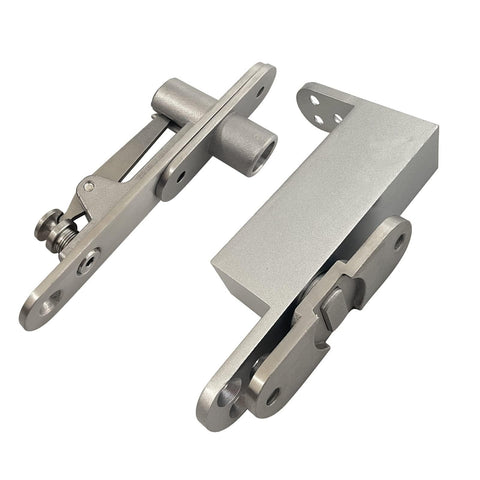 Hidden Self Closing Pivot Door Hinges With 360 Degree Swing Stainless Steel Concealed Door Hardware for wood doors, shown in parts