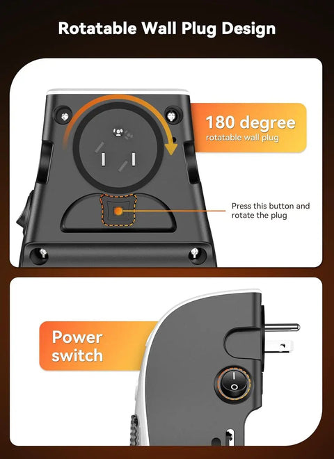 Portable 450W Plug In Heater With Remote showing 180 degree rotatable wall plug design and power switch close-up