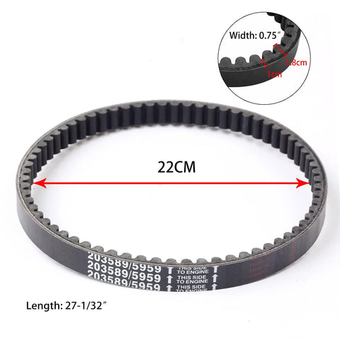 Three Piece 30 Series Go Kart Drive Belt Set Replaces Manco 5959 And Comet 203589 Fits 5HP To 7HP Karts, durable rubber belt with measurements.