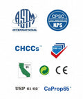 Safety and compliance logos including ASTM, CPSC, CHCCs, CE, Proposition 65, related to Water Powered Rocket Kit For Outdoor STEM Learning DIY Bottle Rocket With Tail Body And Pump Launcher Included Easy To Build Space Science Project For Kids Teens Boys And Girls Totally Kid Friendly Fun.