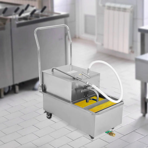 Pro Grade Mobile Fryer Oil Filter Cart Featuring A Rock Solid 550 Watt Pump And Slick Grease Trapping Mesh in a commercial kitchen.
