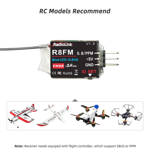 R8FM 8 Channel 2.4GHz Micro RC Receiver With SBUS PPM Output for drones and aircraft, compact design, 8-pin display.