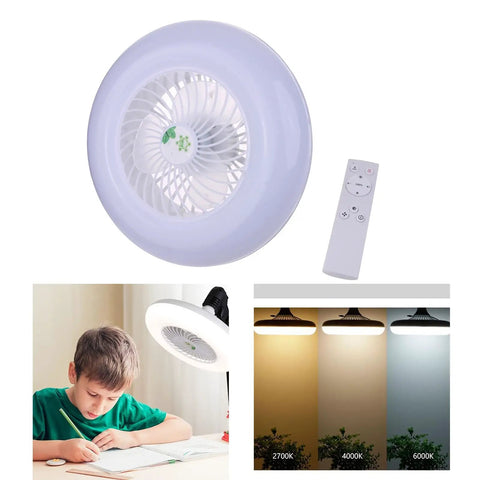 XEGZLH Ceiling Fan Light E27 Lamp Head Fan with Remote Control 2700-6000k Adjustable above a boy studying.