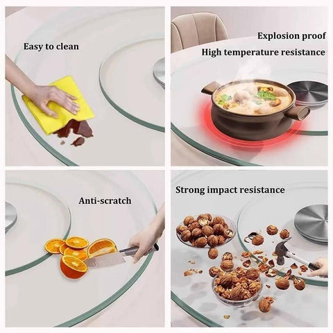 Built Tough Heavy Duty Tempered Glass Lazy Susan Turntable With Smooth As Butter Rotation showing cleaning, anti-scratch, and impact resistance details