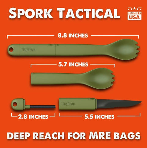 3 In 1 Spork Tool For Camping And Hiking Spoon Fork Knife With Built In Fire Starter, green utensils with measurements