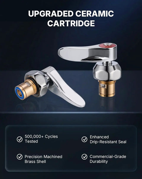 Close-up of upgraded ceramic cartridge for Lead-Free 8" Center Wall Mount Commercial Kitchen Faucet - 8" Swivel Spout.