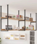 Badass Heavy Duty Ceiling Shelf Brackets Built Tough Metal Floating Rack with two black wrought iron tiers holding kitchen items.