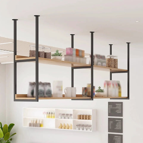 Built Tough Heavy Duty Two Tier Ceiling Shelf Brackets With Full Hardware Kit For Kitchen And Dining Room Black Wrought Iron Floating Mount showcasing organized shelves.