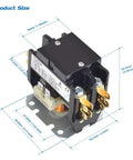 Diagram showing dimensions of Two Pole 30 Amp 24 Volt HVAC Contactor for Condenser and Compressor, durable flame retardant housing.