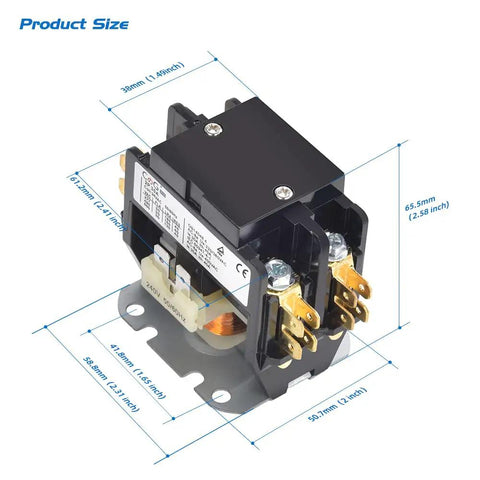 Diagram showing dimensions of Two Pole 30 Amp 24 Volt HVAC Contactor for Condenser and Compressor, durable flame retardant housing.