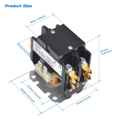 Two Pole 30 Amp 120 Volt HVAC Contactor with 120V Coil, beefy flame retardant housing, 40A RES, 600V max, size dimensions visible