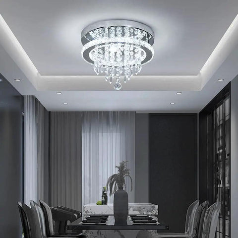 Crystal Chandelier With K9 Crystals And Stainless Steel Pendant Light, 3 LED Lights, Flush Mount Ceiling Fixture in dining room